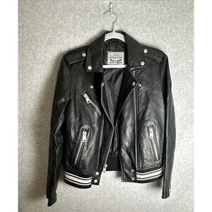 Levi's Women's Faux Leather Moto Bomber Sz M Jacket Black Pink Accent Asymetric